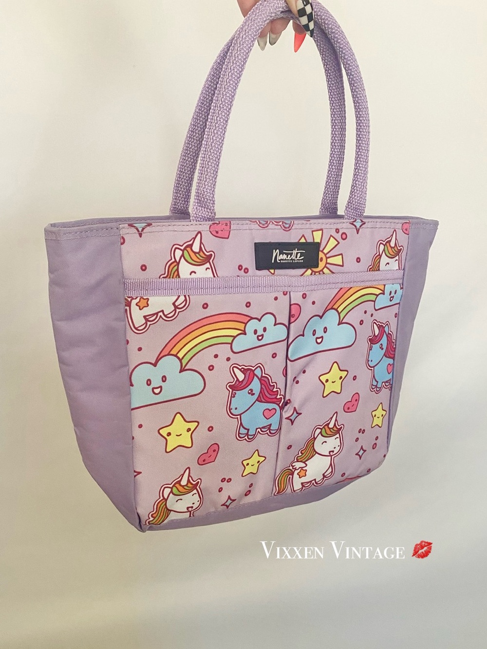 NANETTE LEPORE RAINBOW UNICORNS INSULATED LUNCH TOTE BAG IN LAVENDER